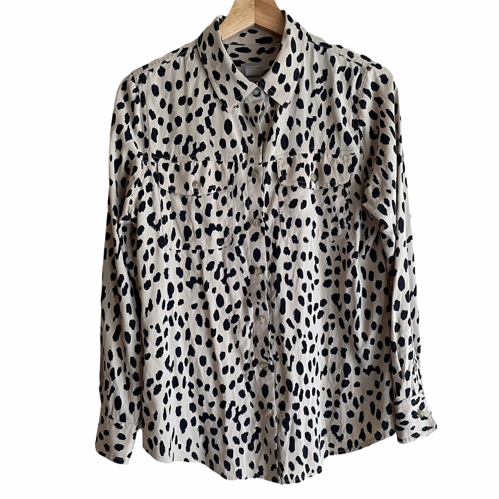 Chico's Black Tan Leopard Animal Print Button Up Long Sleeve